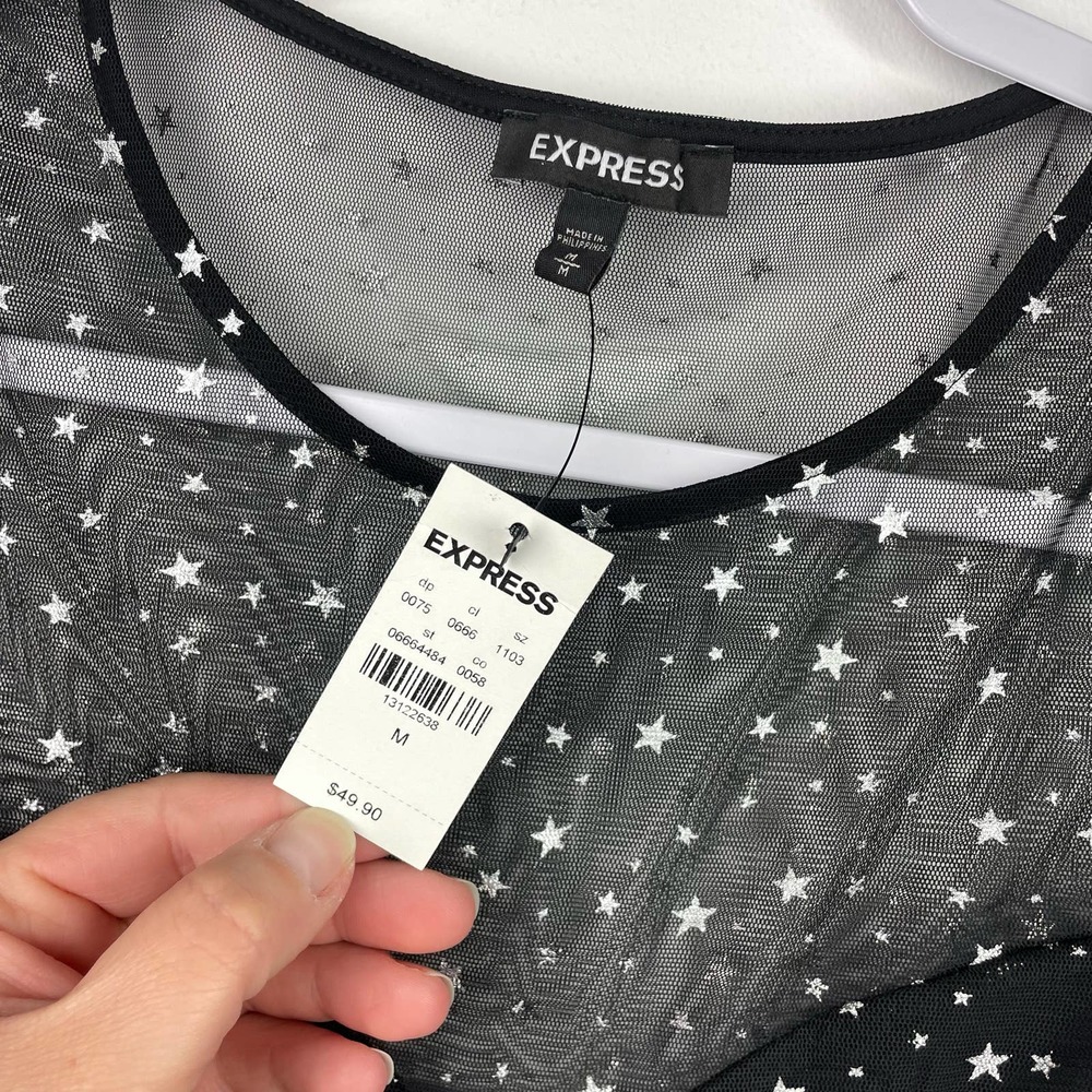 NEW Express Black Silver Metallic Stars Sheer Blouse Size Medium - Picture 6 of 6